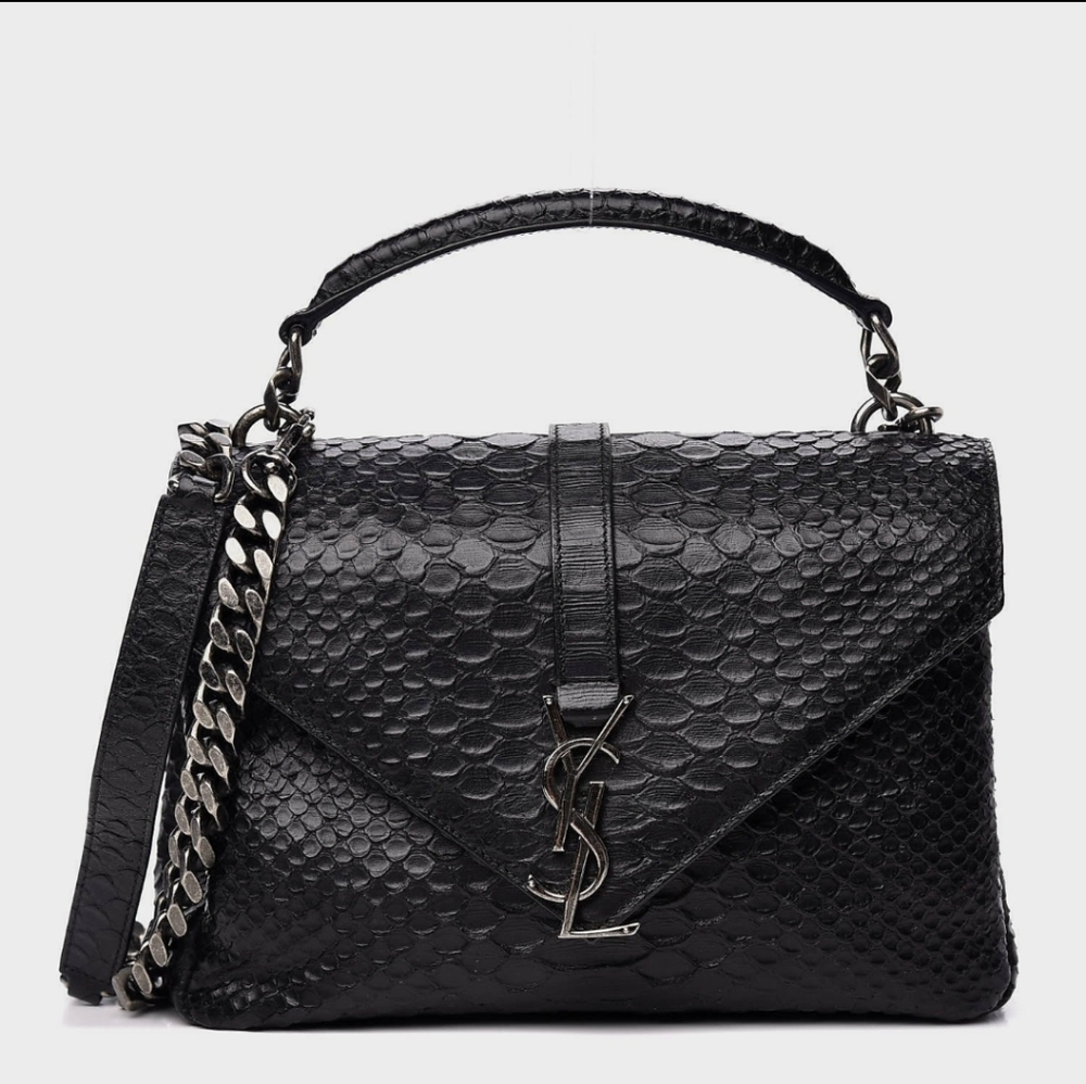 Like NEW! YSL Saint Laurent Calfskin Python Embossed Medium College Bag Black - Picture 4 of 16